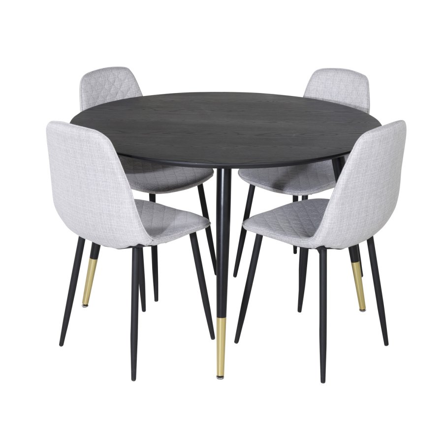 VENTURE DESIGN Dipp spisebordsst, m. 4 stole - sort finer/messing sort metal, gr stof/sort metal
