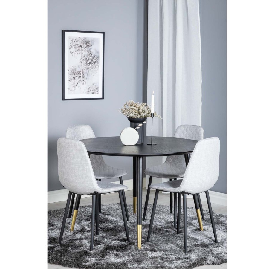 VENTURE DESIGN Dipp spisebordsst, m. 4 stole - sort finer/messing sort metal, gr stof/sort metal