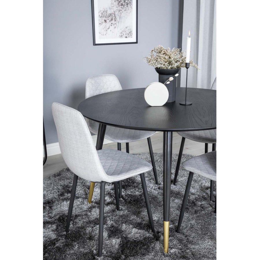 VENTURE DESIGN Dipp spisebordsst, m. 4 stole - sort finer/messing sort metal, gr stof/sort metal