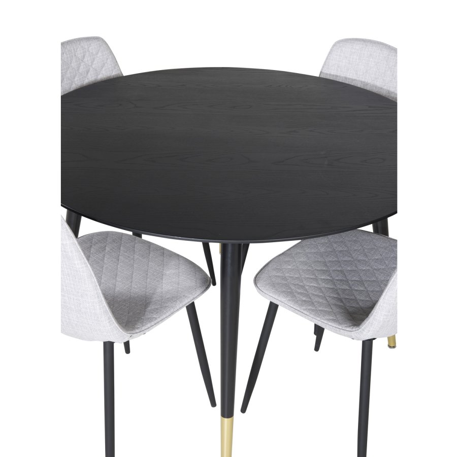 VENTURE DESIGN Dipp spisebordsst, m. 4 stole - sort finer/messing sort metal, gr stof/sort metal