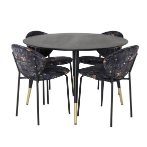 VENTURE DESIGN Dipp spisebordsst, m. 4 stole - sort finer/messing sort metal, multi stof/sort metal