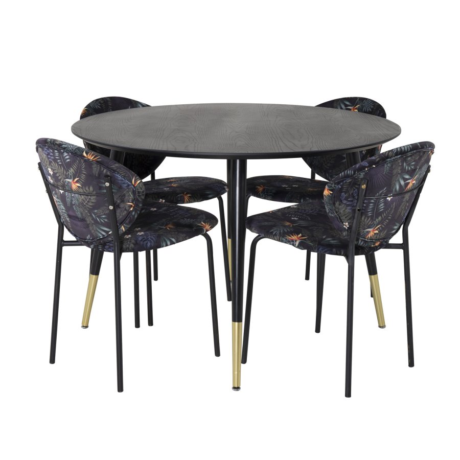 VENTURE DESIGN Dipp spisebordsst, m. 4 stole - sort finer/messing sort metal, multi stof/sort metal