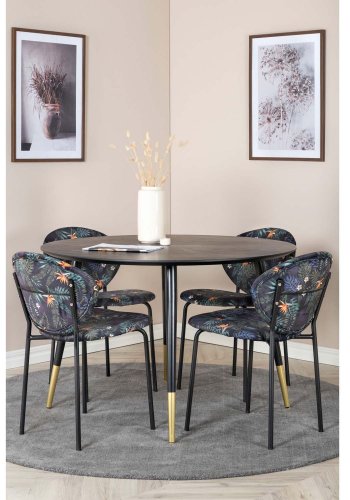 VENTURE DESIGN Dipp spisebordsst, m. 4 stole - sort finer/messing sort metal, multi stof/sort metal
