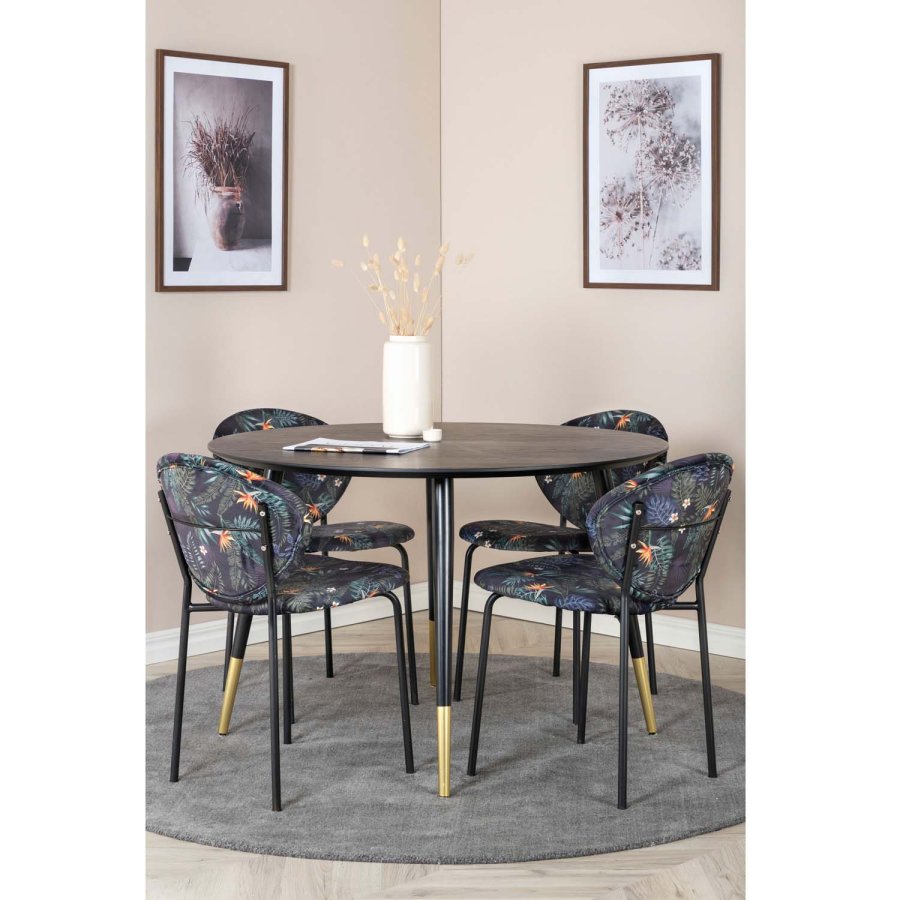 VENTURE DESIGN Dipp spisebordsst, m. 4 stole - sort finer/messing sort metal, multi stof/sort metal