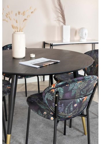 VENTURE DESIGN Dipp spisebordsst, m. 4 stole - sort finer/messing sort metal, multi stof/sort metal