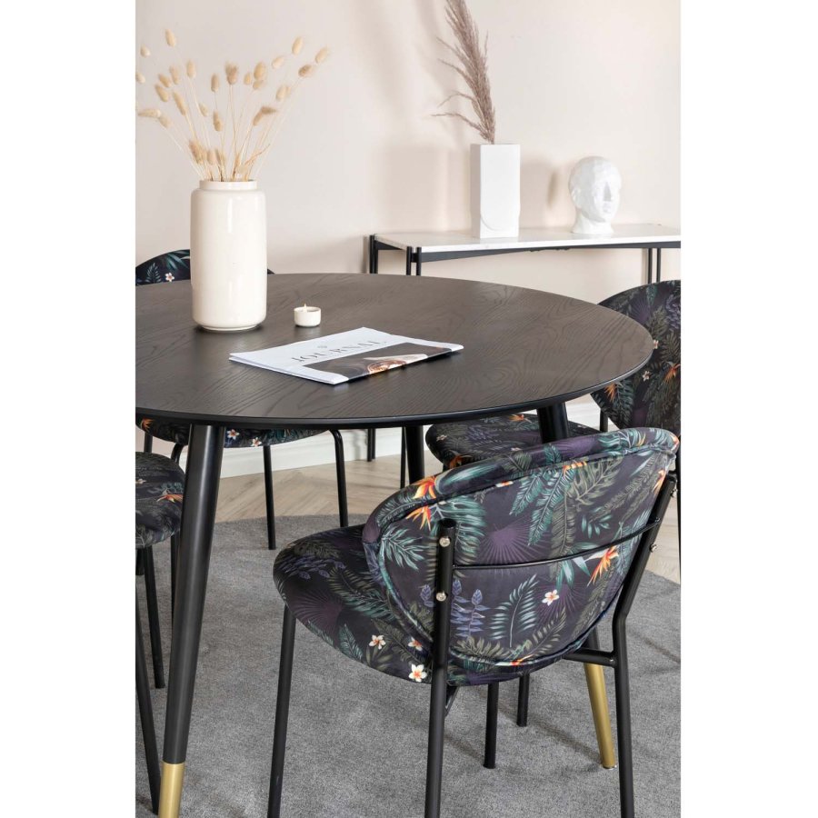 VENTURE DESIGN Dipp spisebordsst, m. 4 stole - sort finer/messing sort metal, multi stof/sort metal