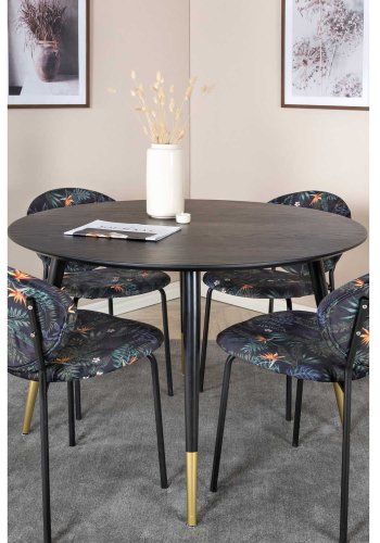 VENTURE DESIGN Dipp spisebordsst, m. 4 stole - sort finer/messing sort metal, multi stof/sort metal