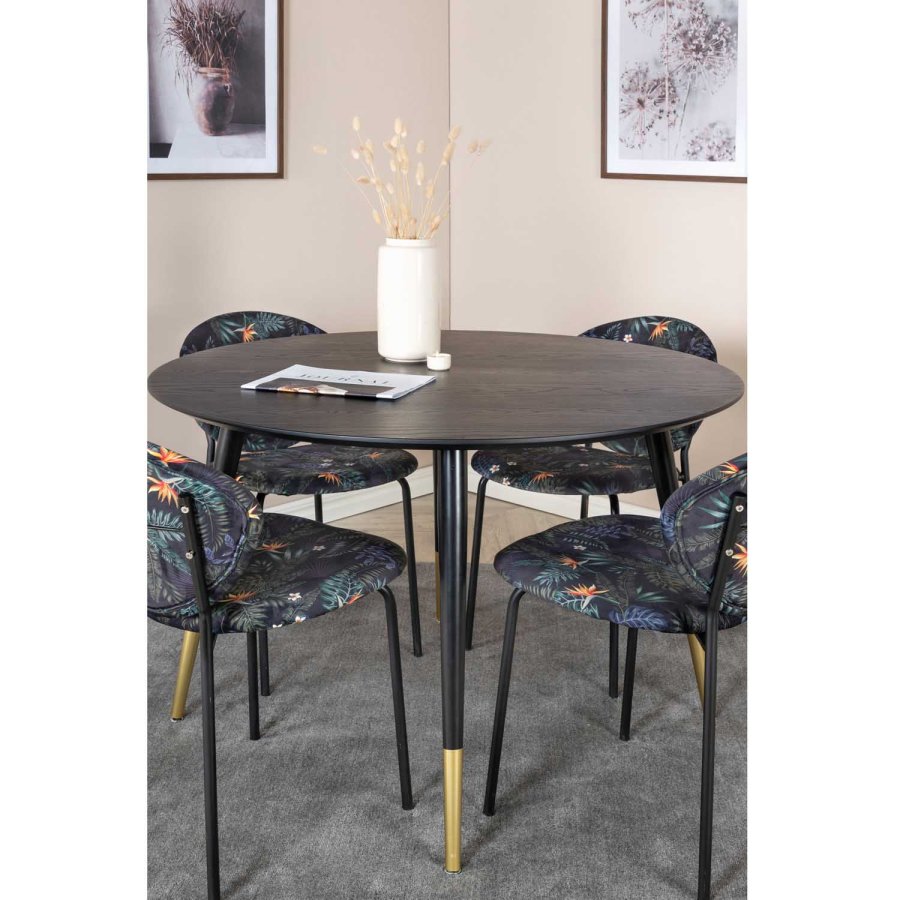 VENTURE DESIGN Dipp spisebordsst, m. 4 stole - sort finer/messing sort metal, multi stof/sort metal