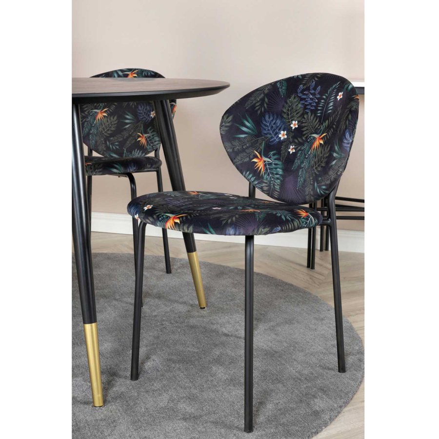 VENTURE DESIGN Dipp spisebordsst, m. 4 stole - sort finer/messing sort metal, multi stof/sort metal