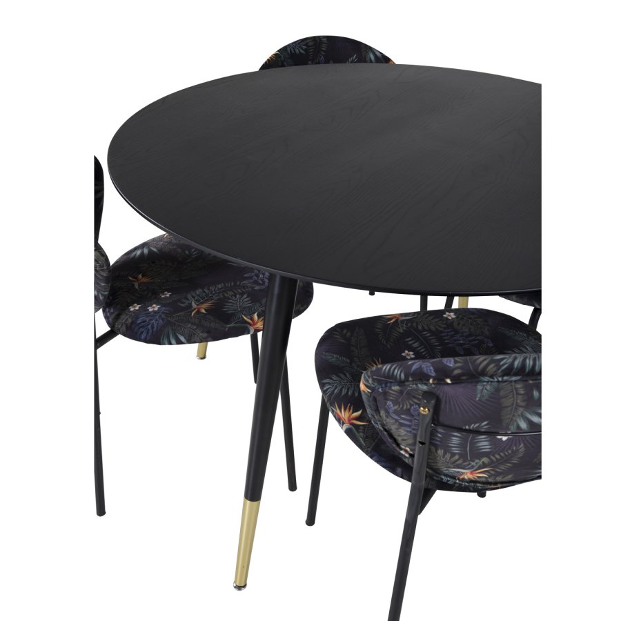 VENTURE DESIGN Dipp spisebordsst, m. 4 stole - sort finer/messing sort metal, multi stof/sort metal