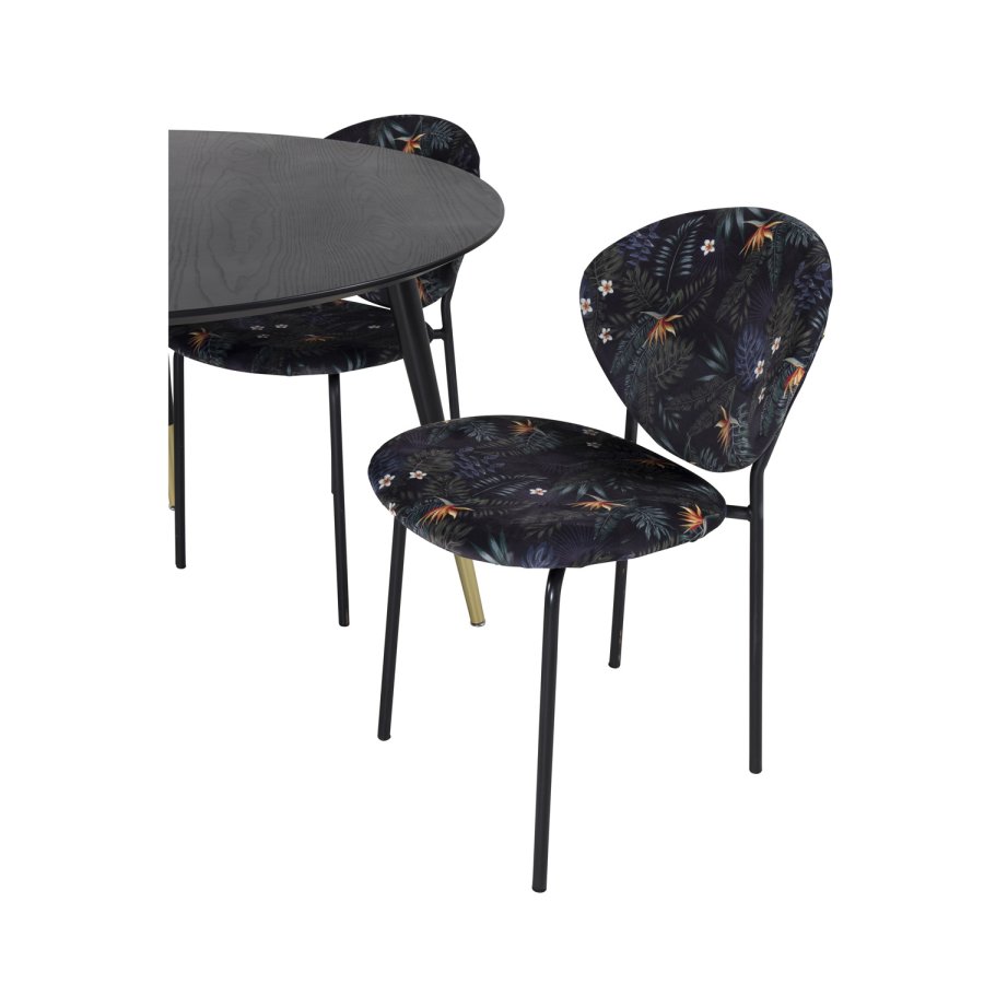 VENTURE DESIGN Dipp spisebordsst, m. 4 stole - sort finer/messing sort metal, multi stof/sort metal