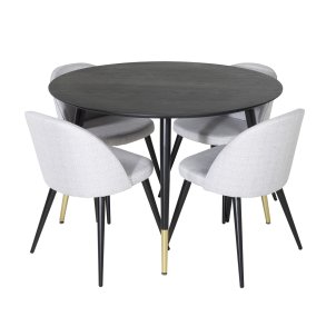 VENTURE DESIGN Dipp spisebordsst, m. 4 stole - sort finer/messing sort metal, gr stof/sort metal
