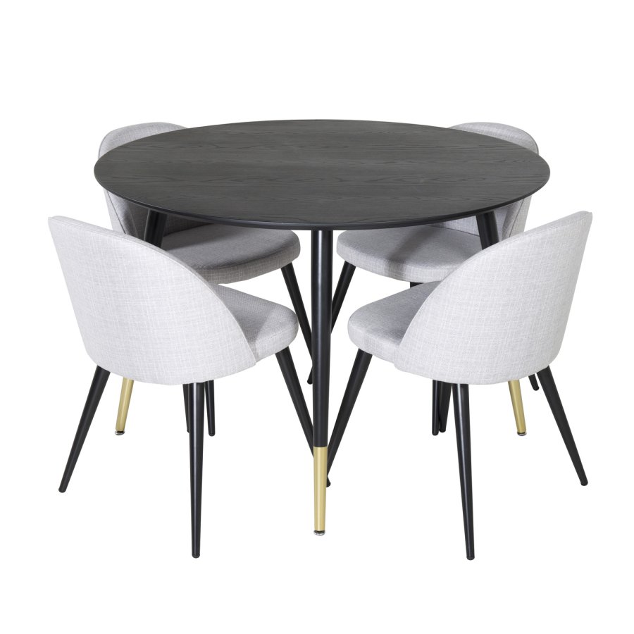 VENTURE DESIGN Dipp spisebordsst, m. 4 stole - sort finer/messing sort metal, gr stof/sort metal