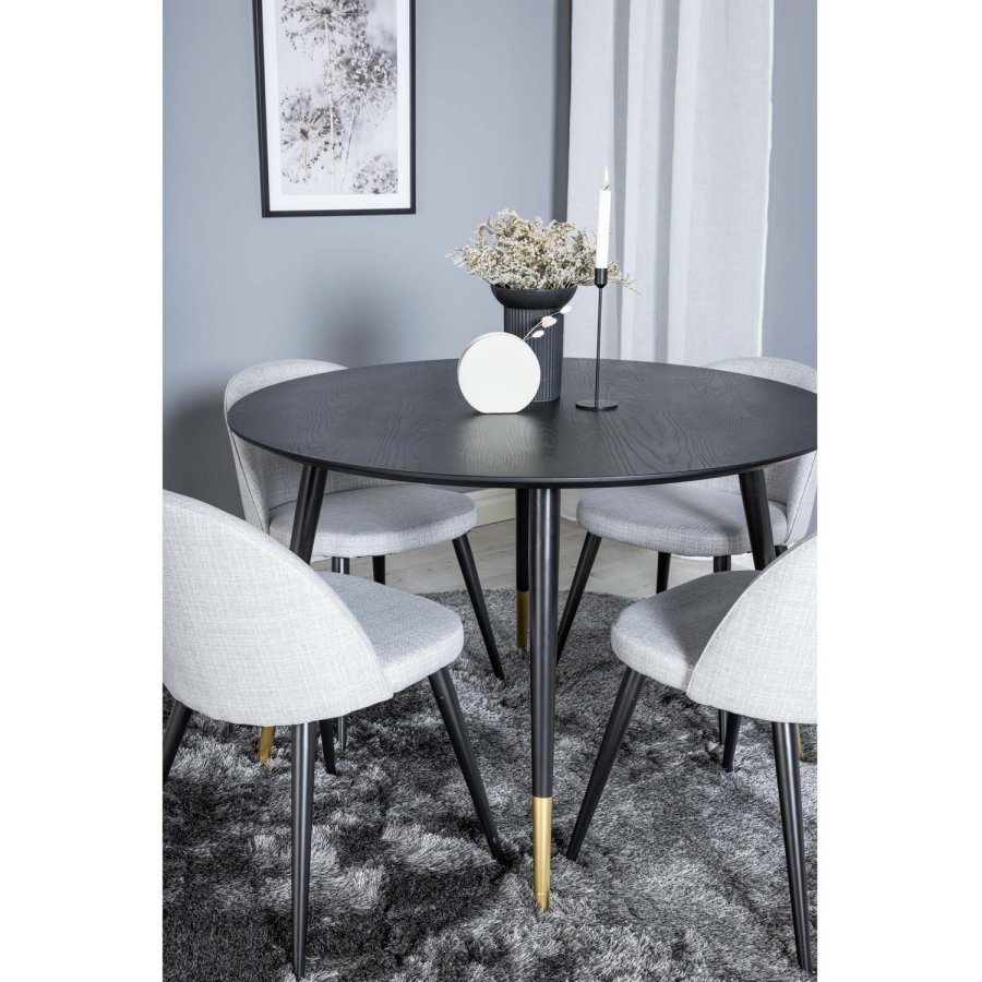 VENTURE DESIGN Dipp spisebordsst, m. 4 stole - sort finer/messing sort metal, gr stof/sort metal