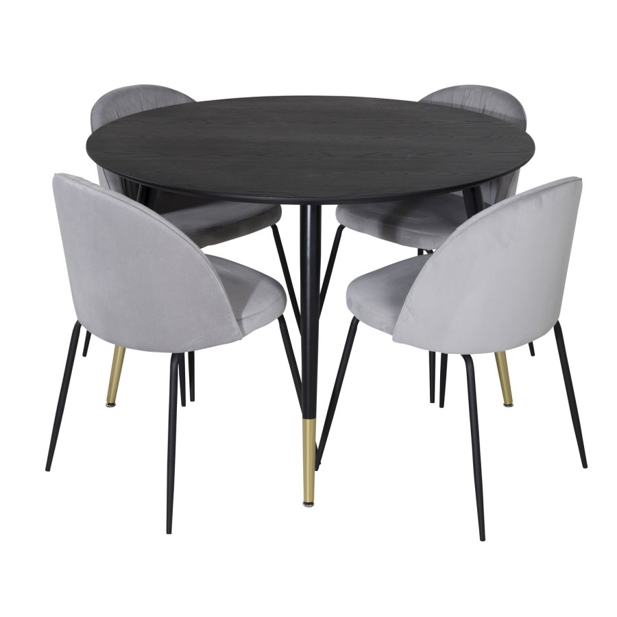 VENTURE DESIGN Dipp spisebordsst, m. 4 stole - sort finer/messing sort metal, gr fljl/sort metal