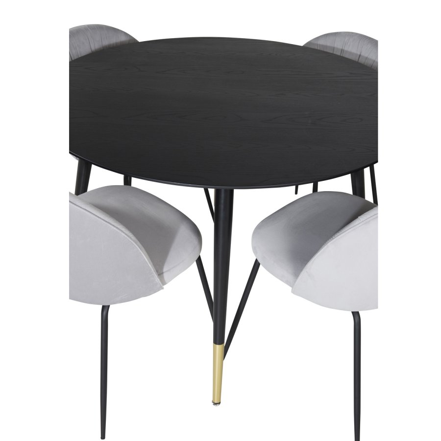VENTURE DESIGN Dipp spisebordsst, m. 4 stole - sort finer/messing sort metal, gr fljl/sort metal