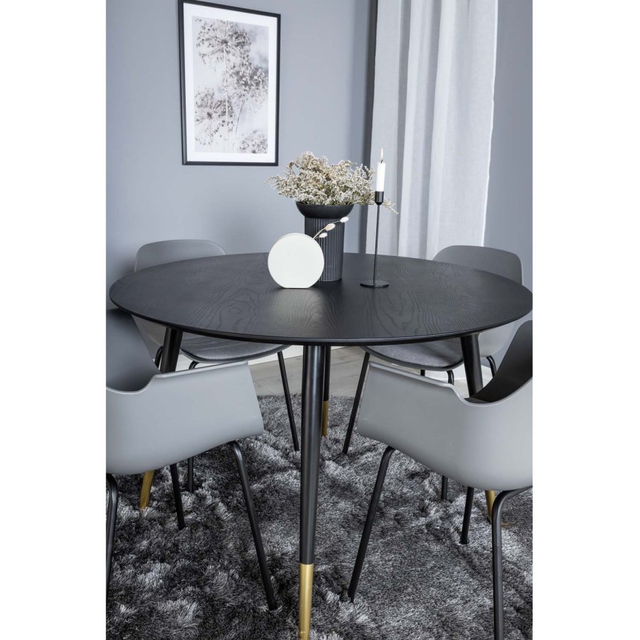 VENTURE DESIGN Dipp spisebordsst, m. 4 stole - sort finer/messingsort metal, gr plastik/sort metal