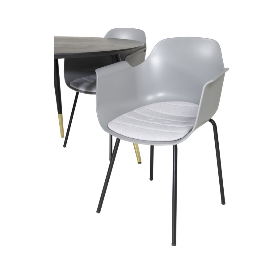 VENTURE DESIGN Dipp spisebordsst, m. 4 stole - sort finer/messingsort metal, gr plastik/sort metal