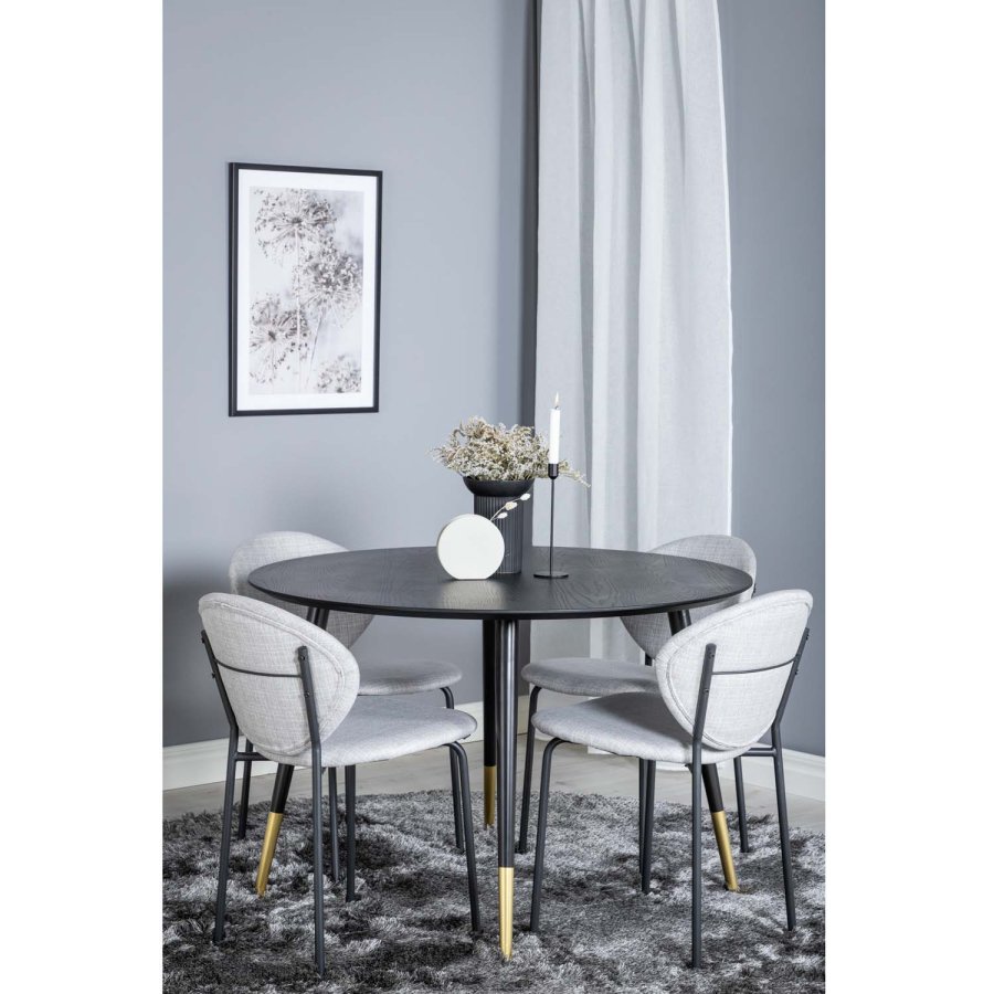 VENTURE DESIGN Dipp spisebordsst, m. 4 stole - sort finer/messing sort metal, gr stof/sort metal