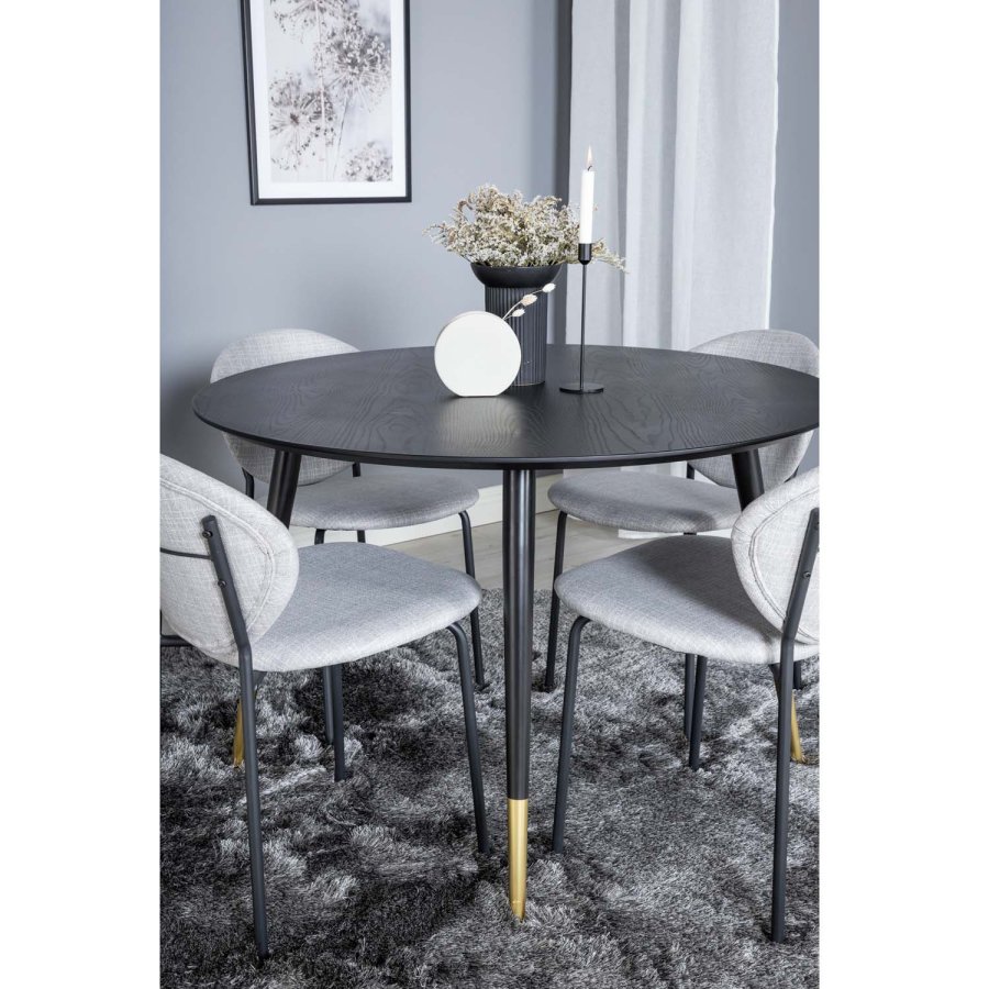 VENTURE DESIGN Dipp spisebordsst, m. 4 stole - sort finer/messing sort metal, gr stof/sort metal