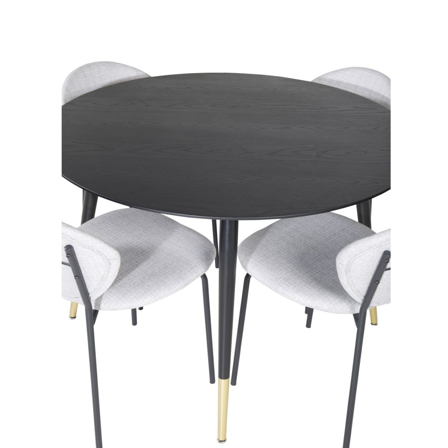 VENTURE DESIGN Dipp spisebordsst, m. 4 stole - sort finer/messing sort metal, gr stof/sort metal