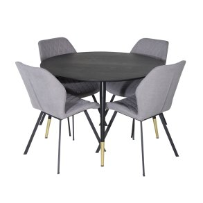 VENTURE DESIGN Dipp spisebordsst, m. 4 stole - sort finer/messing sort metal, gr stof/sort metal