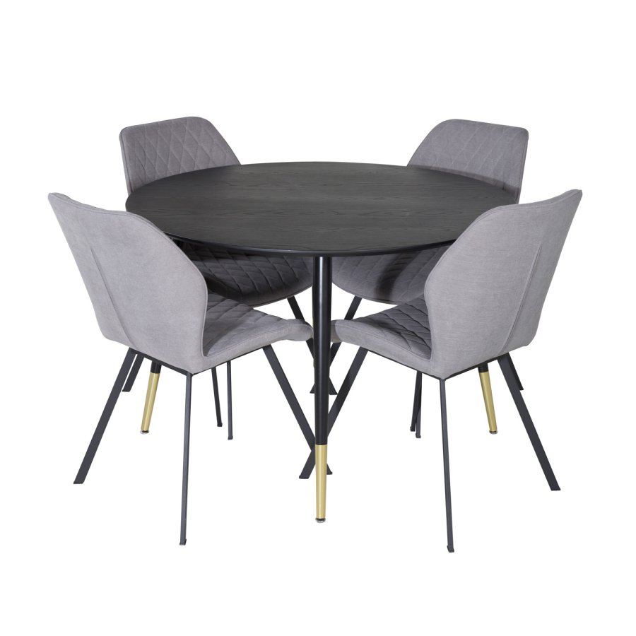 VENTURE DESIGN Dipp spisebordsst, m. 4 stole - sort finer/messing sort metal, gr stof/sort metal