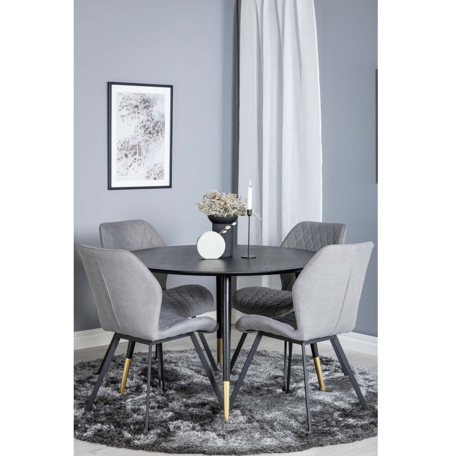 VENTURE DESIGN Dipp spisebordsst, m. 4 stole - sort finer/messing sort metal, gr stof/sort metal