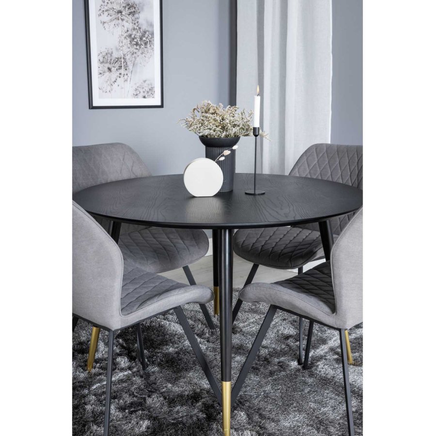 VENTURE DESIGN Dipp spisebordsst, m. 4 stole - sort finer/messing sort metal, gr stof/sort metal