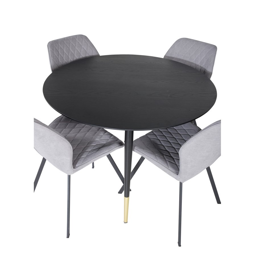 VENTURE DESIGN Dipp spisebordsst, m. 4 stole - sort finer/messing sort metal, gr stof/sort metal