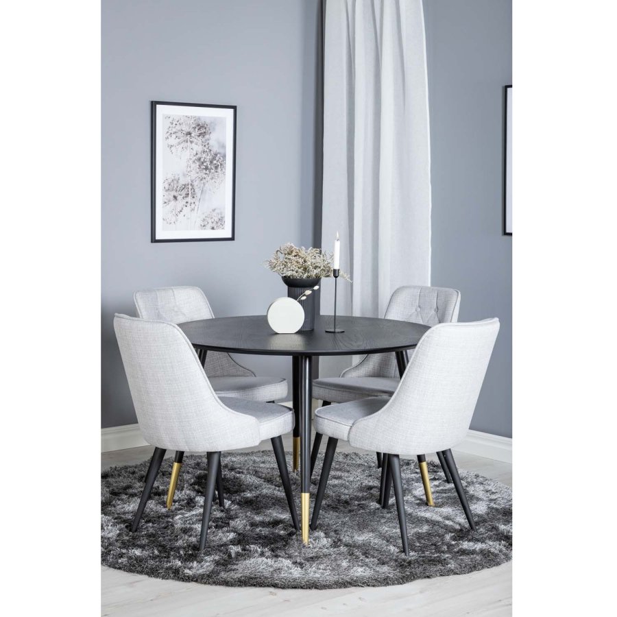 VENTURE DESIGN Dipp spisebordsst, m. 4 stole - sort finer/messing sort metal, gr stof/sort metal