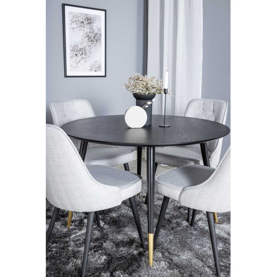 VENTURE DESIGN Dipp spisebordsst, m. 4 stole - sort finer/messing sort metal, gr stof/sort metal