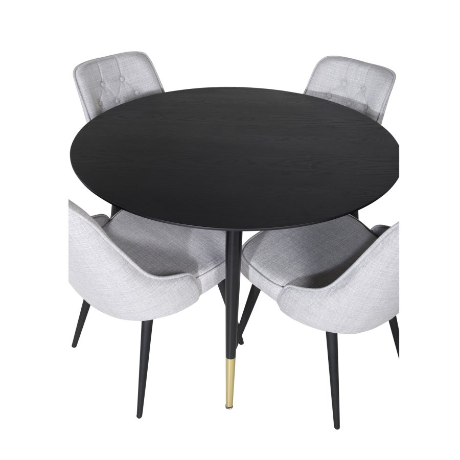 VENTURE DESIGN Dipp spisebordsst, m. 4 stole - sort finer/messing sort metal, gr stof/sort metal