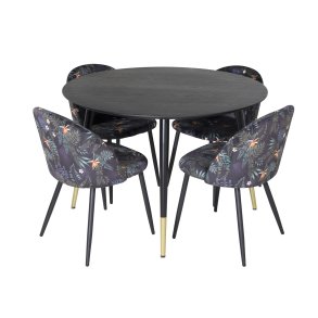 VENTURE DESIGN Dipp spisebordsst, m. 4 stole - sort finer/messing/sort metal, multi stof/sort metal