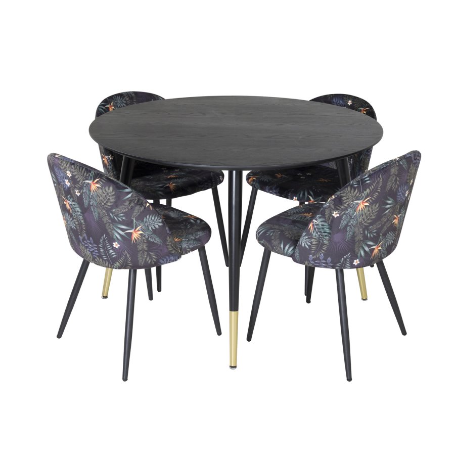 VENTURE DESIGN Dipp spisebordsst, m. 4 stole - sort finer/messing/sort metal, multi stof/sort metal