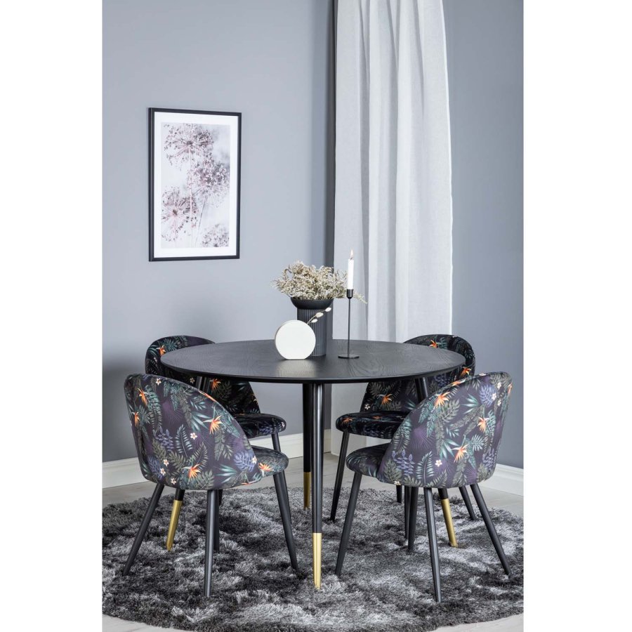 VENTURE DESIGN Dipp spisebordsst, m. 4 stole - sort finer/messing/sort metal, multi stof/sort metal