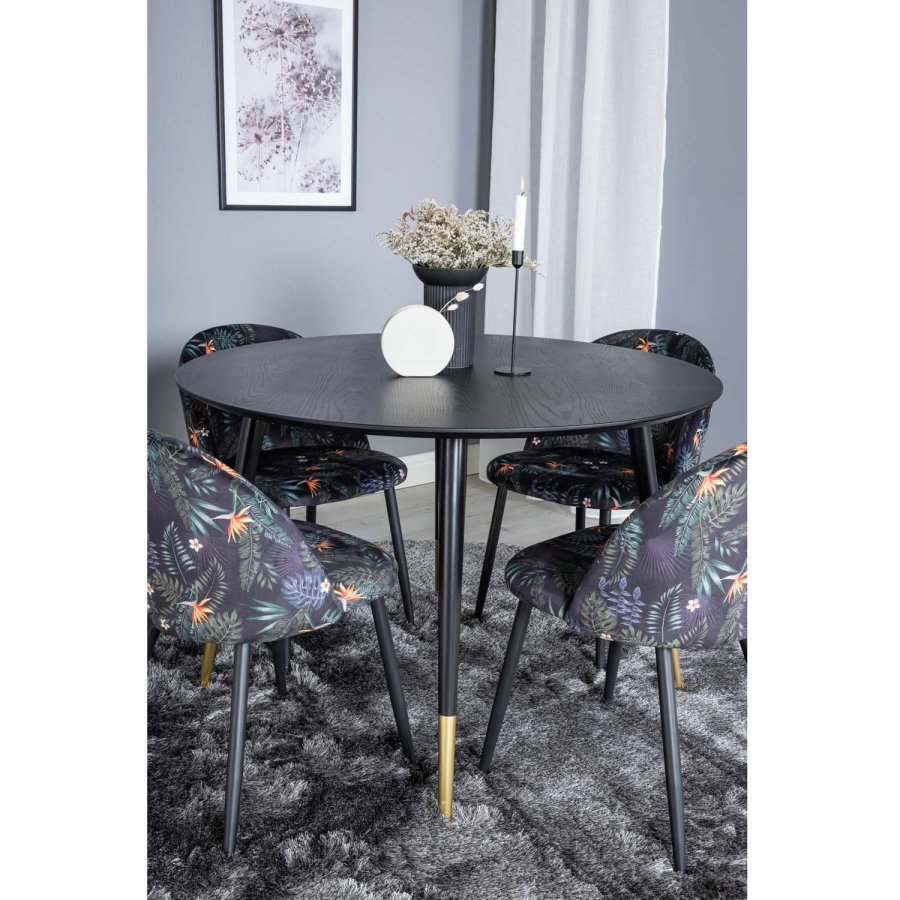 VENTURE DESIGN Dipp spisebordsst, m. 4 stole - sort finer/messing/sort metal, multi stof/sort metal