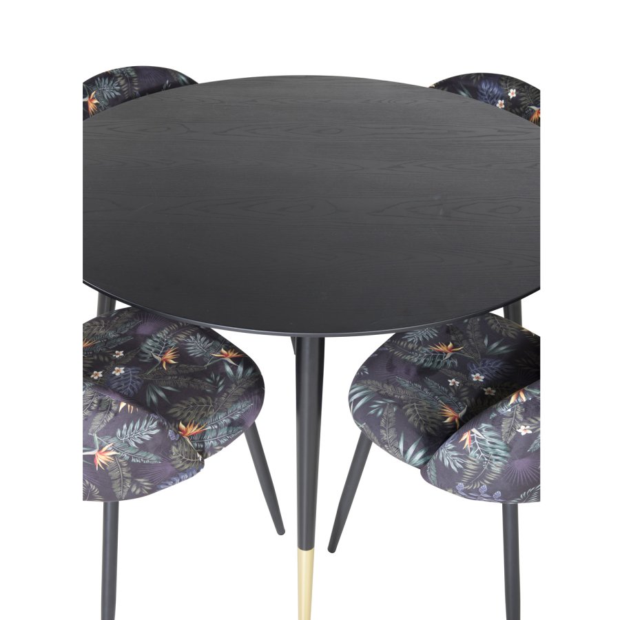 VENTURE DESIGN Dipp spisebordsst, m. 4 stole - sort finer/messing/sort metal, multi stof/sort metal