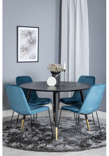 VENTURE DESIGN Dipp spisebordsst, m. 4 stole - sort finer/messing sort metal, bl fljl/sort metal