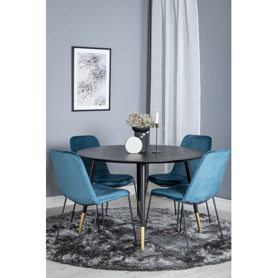 VENTURE DESIGN Dipp spisebordsst, m. 4 stole - sort finer/messing sort metal, bl fljl/sort metal