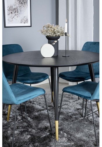 VENTURE DESIGN Dipp spisebordsst, m. 4 stole - sort finer/messing sort metal, bl fljl/sort metal