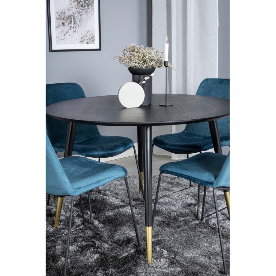 VENTURE DESIGN Dipp spisebordsst, m. 4 stole - sort finer/messing sort metal, bl fljl/sort metal