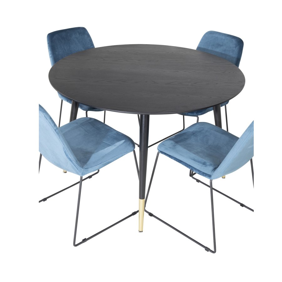 VENTURE DESIGN Dipp spisebordsst, m. 4 stole - sort finer/messing sort metal, bl fljl/sort metal