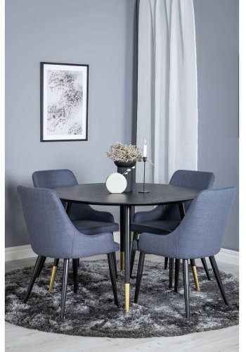 VENTURE DESIGN Dipp spisebordsst, m. 4 stole - sort finer/messing sort metal, bl stof/sort metal