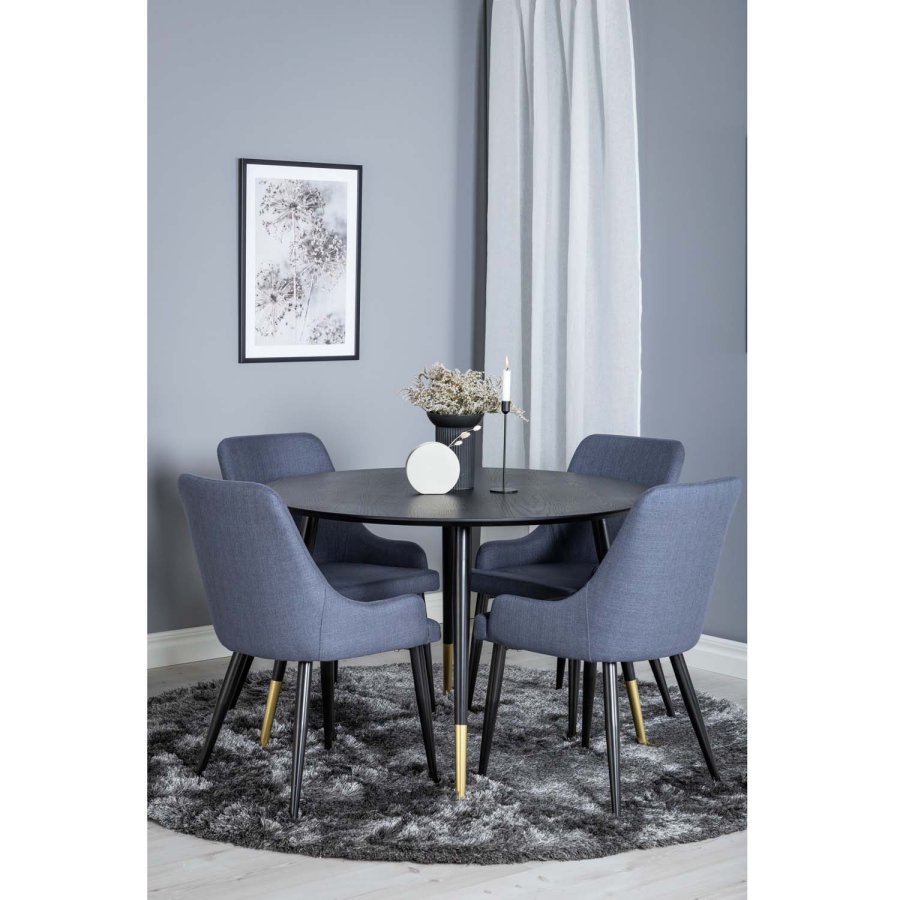 VENTURE DESIGN Dipp spisebordsst, m. 4 stole - sort finer/messing sort metal, bl stof/sort metal