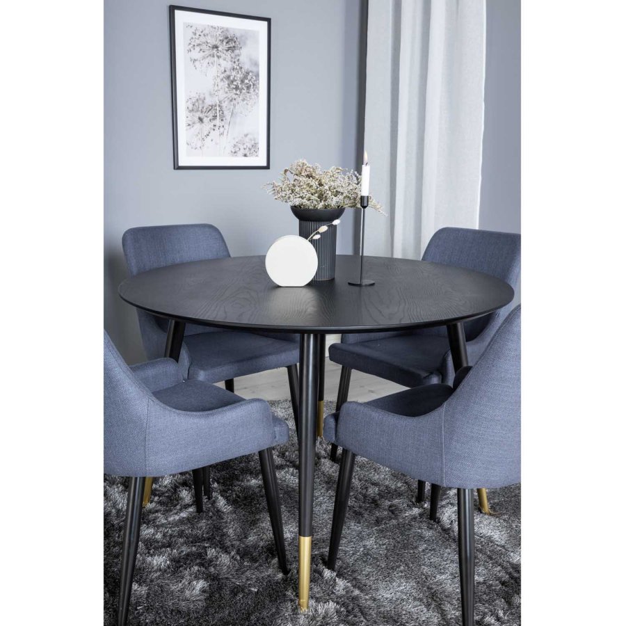 VENTURE DESIGN Dipp spisebordsst, m. 4 stole - sort finer/messing sort metal, bl stof/sort metal