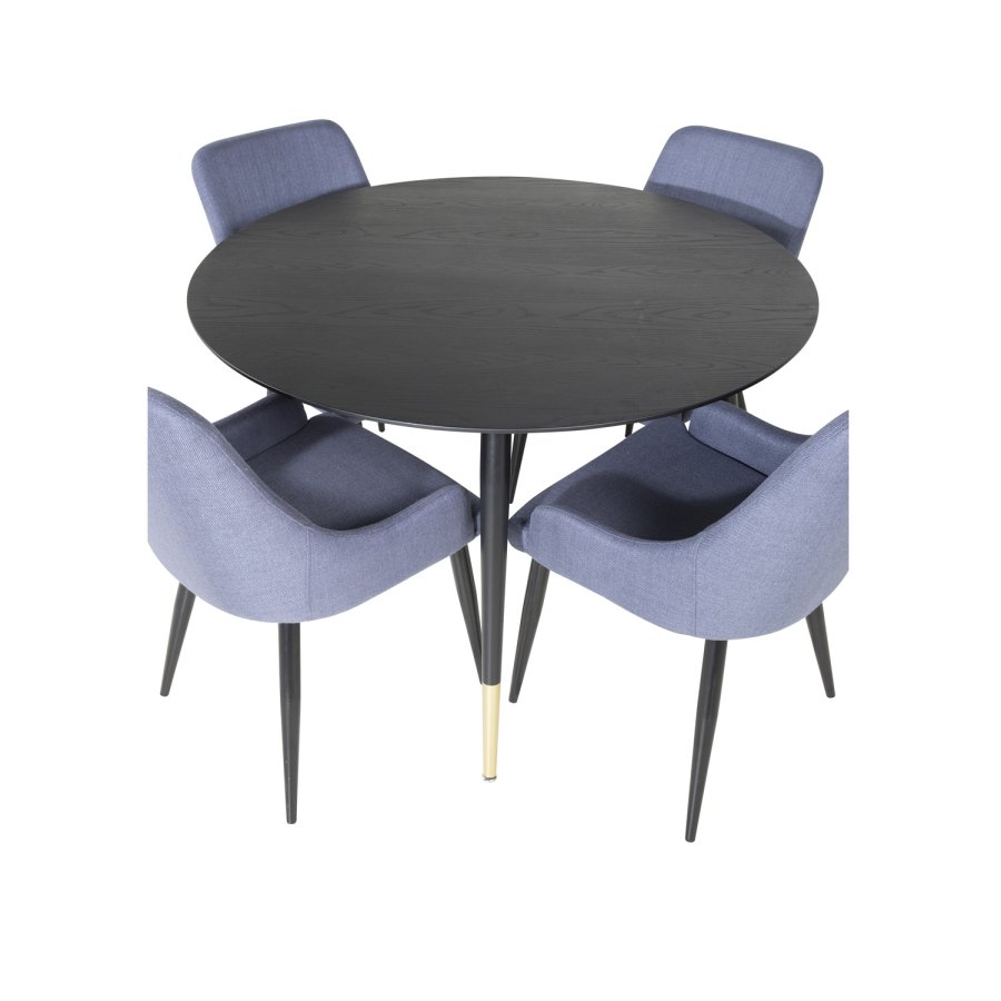 VENTURE DESIGN Dipp spisebordsst, m. 4 stole - sort finer/messing sort metal, bl stof/sort metal