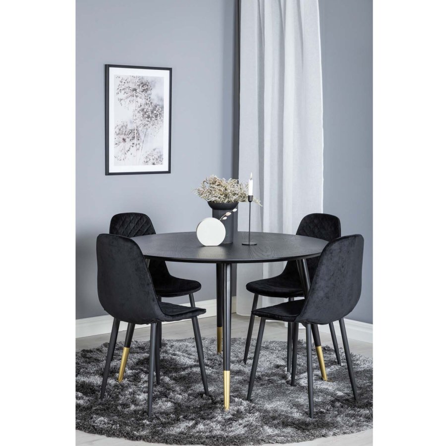 VENTURE DESIGN Dipp spisebordsst, m. 4 stole - sort finer/messing sort metal, sort fljl/sort metal