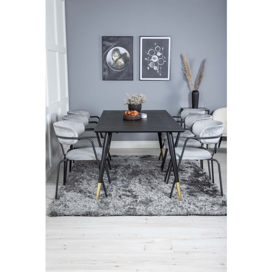 VENTURE DESIGN Dipp spisebordsst, m. 6 stole - sort finer/messing sort metal, gr fljl/sort metal