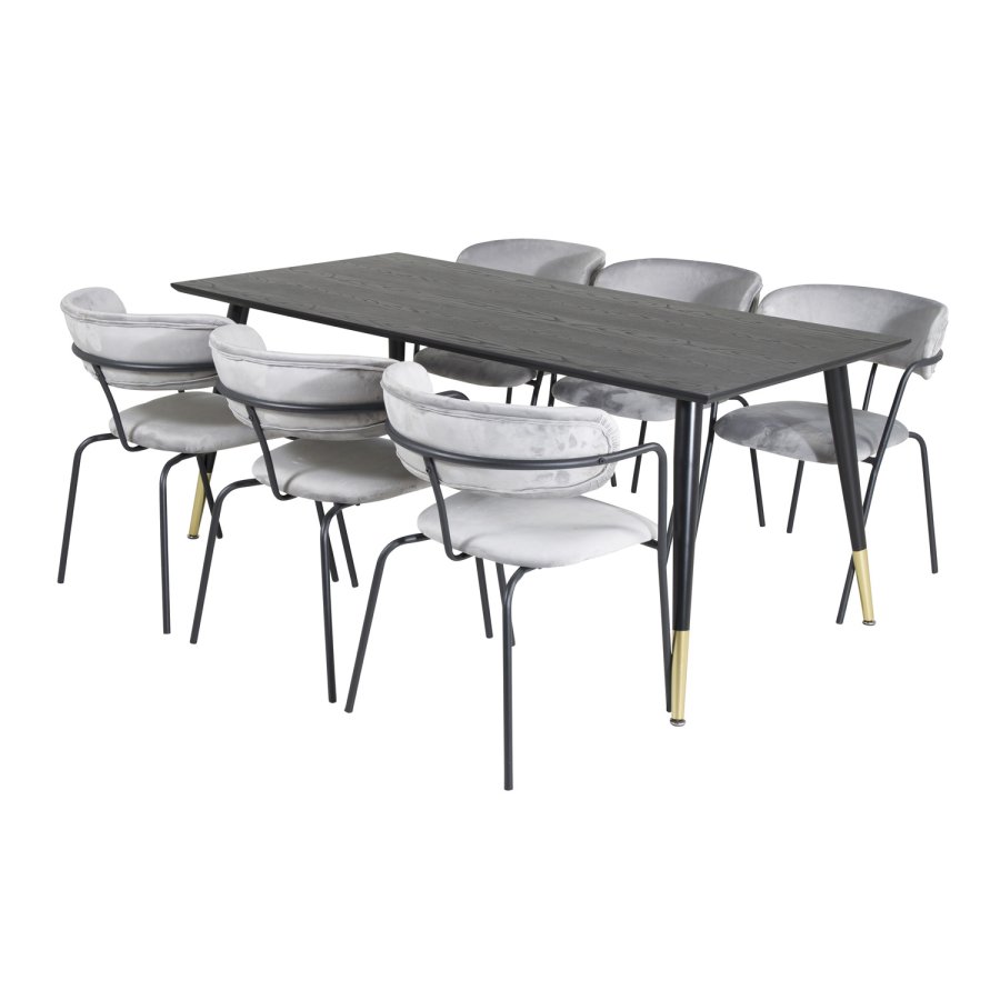 VENTURE DESIGN Dipp spisebordsst, m. 6 stole - sort finer/messing sort metal, gr fljl/sort metal